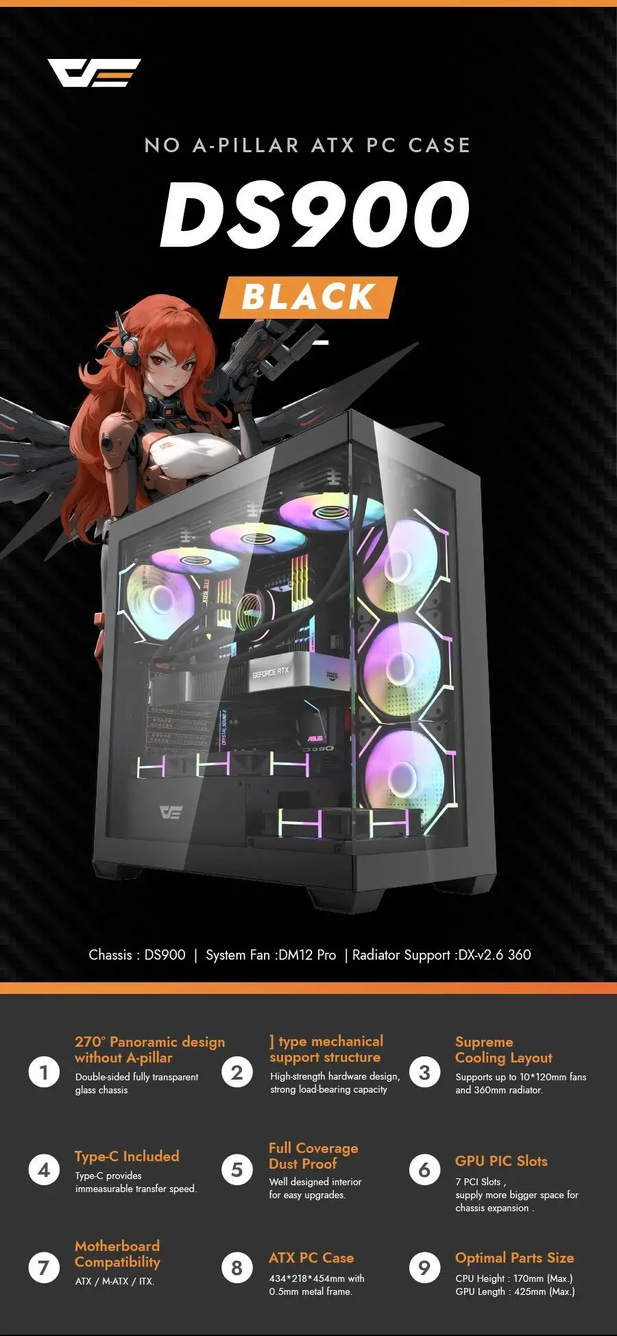 Darkflash кутия Case ATX - DS900 Black - 7 x 120 mm A-RGB fans included, USB-C - image 8