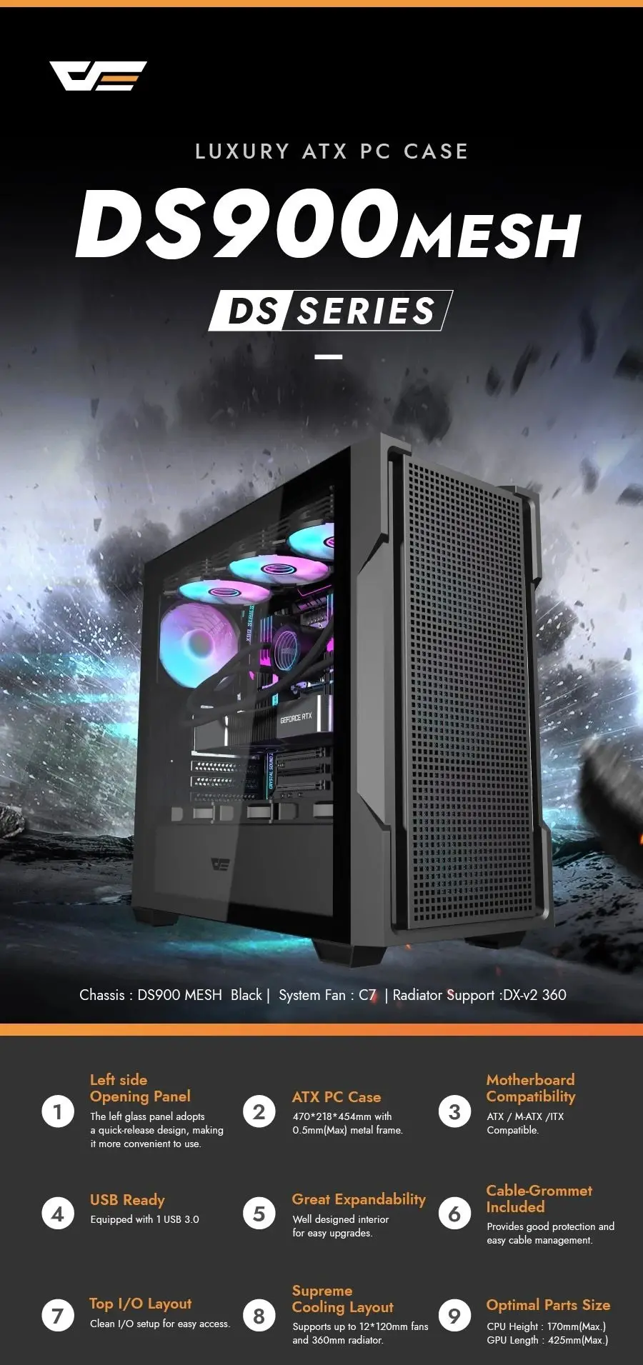Darkflash кутия Case ATX - DS900 Mesh Black - 4 x 120 mm A-RGB fans included - image 7