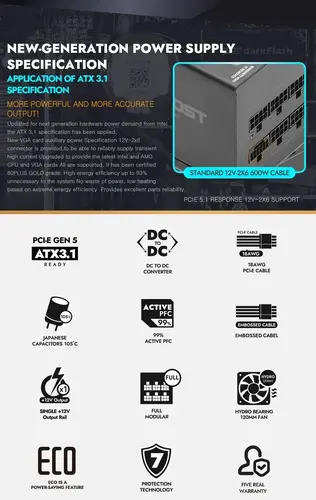Darkflash захранване PSU ATX 3.1 1250W Gold, Full Modular, PCIe 5.1 - PMT1250 A3 - image 7