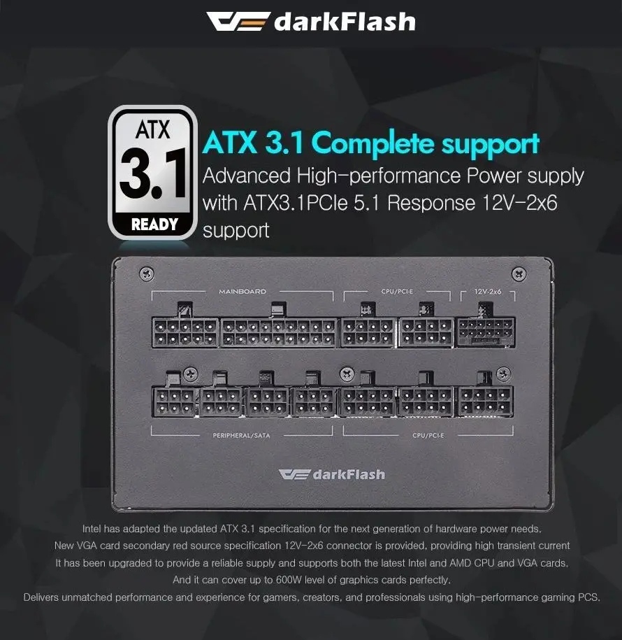 Darkflash sursă PSU ATX 3.1 1250W Gold, Full Modular, PCIe 5.1 - PMT1250 A3 - image 9