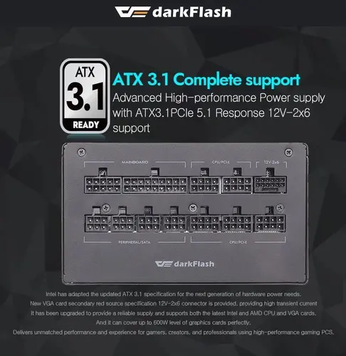 Darkflash sursă PSU ATX 3.1 1250W Gold, Full Modular, PCIe 5.1 - PMT1250 A3 - 10