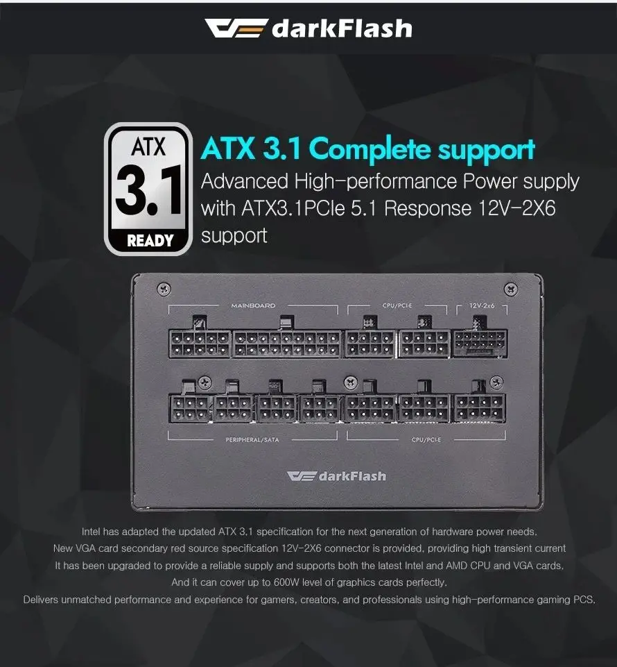 Darkflash захранване PSU ATX 3.1 1050W Gold, Full Modular, PCIe 5.1 - PMT1050 A3 - image 8