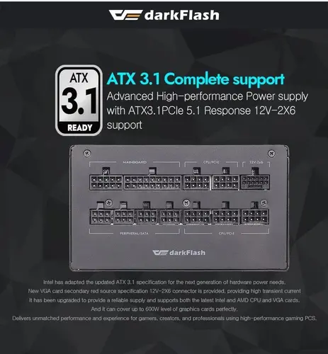 Darkflash τροφοδοτικό PSU ATX 3.1 1050W Gold, πλήρως modular, PCIe 5.1 - PMT1050 A3 - 9