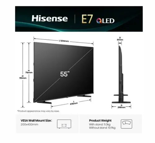Телевизор, Hisense 55" E7Q, 4K Ultra HD 3840x2160, QLED, Quantum Dot, HDR 10+, HLG, Dolby Vision, DTS Virtual X, Smart TV, WiFi, Light Sensor, BT, Anyview Cast, 3xHDMI, 2xUSB, LAN, CI+, DVB-T2/C/S2, Black - image 1