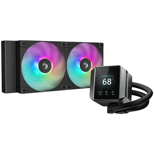 DeepCool MYSTIQUE 240 ARGB, 240mm CPU Liquid Cooler, 2.8" LCD screen, 2x120mm PWM ARGB Fans, Fluid Dynamic Bearing, Black, Intel LGA1851/1700/1200/1151/1150/1155, AMD AM5/AM4, R-LX550-BKADSNC-G-1, 5Y