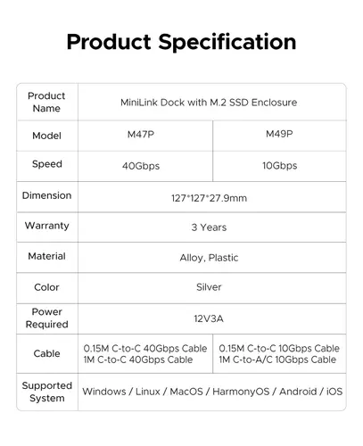 Orico докинг станция SSD Docking station M.2 NVMe - USB4(40Gbps) x 1, USB3.2(10Gbps) x 3, M.2 SSD x 2, SD/TF 4.0 - MiniLink M47P-EU-SV - image 12