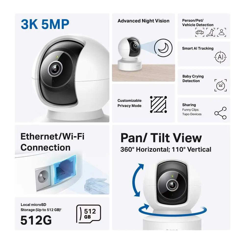 Домашна охранителна WiFi камера TP-Link Tapo C232, 3K 5Mp с AI, Pan/Tilt, LAN, WiFi,SDmicro, нощно виждане - image 3
