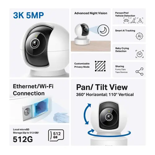 Домашна охранителна WiFi камера TP-Link Tapo C232, 3K 5Mp  с AI, Pan/Tilt, LAN, WiFi,SDmicro, нощно виждане - image 3