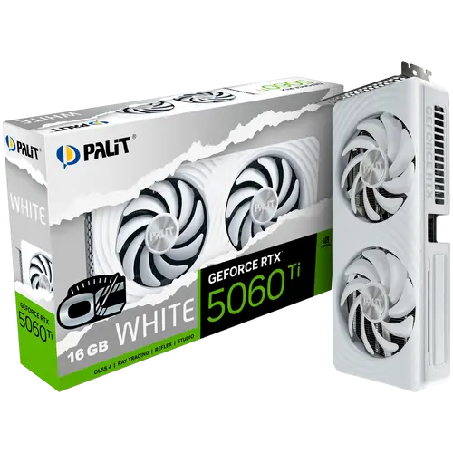 Palit GeForce RTX 5060 Ti WHITE OC 16GB GDDR7, 128 bit, 1x HDMI 2.1b, 3x DP 2.1b, 2 Fan, 1x 8-pin pwr connector, 600W, 262.1 x 126.3 x 40.1 mm, NE7506TU19T1-GB2061M
