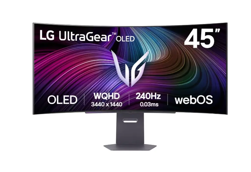 Монитор, LG 45GX90SA-B, 44.5", OLED UltraGear 21:9 Curved Smart, 0.03 ms, WQHD (3440x1440), 240Hz, HDR 400, 1500000:1, 250 cd/m2, DCI-P3 98.5%, VRR, Free-sync, G-Sync, USB-C, PD 65W, HDMI, DP, PBP, Speakers 7W x2, Bluetooth, LG Switch, Height, Swivel, Tilt, Black