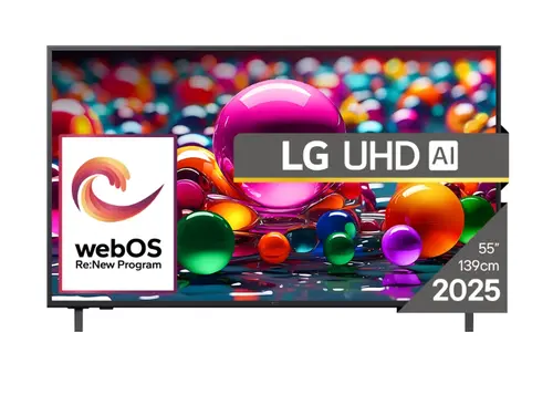 Телевизор, LG 55UA74003LB, 55" 4K UltraHD TV 4K (3840x2160), DVB-T2/C/S2, webOS 25 Smart, ThinQ AI, Alpha 7 AI Processor, WiFi, HDR10 pro, HLG, ALLM/HGiG, 4K Upscaling, AI Sound pro, Multiple View, HDMI eARC, LAN, USB, Bluetooth, Google Cast, 2 Pole Stand, Silver