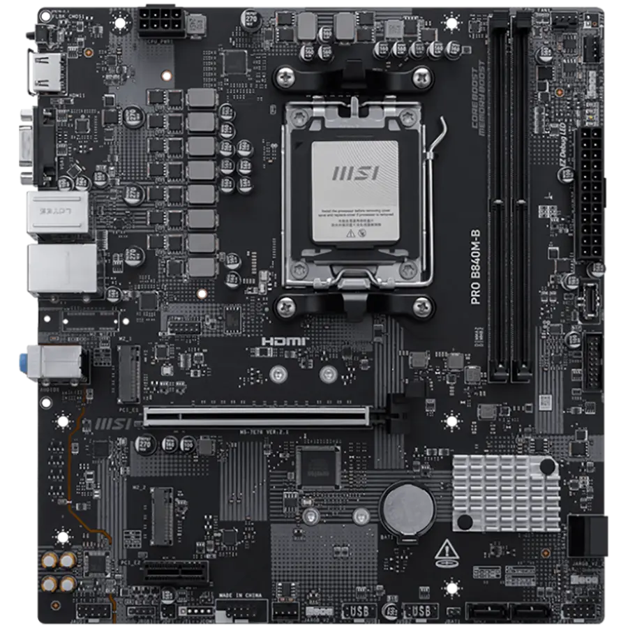 MSI PRO B840M-B, mATX, Socket AM5, 2x DDR5 Dual Channel DDR5 up to 8000(OC)MHz, 1x PCIe x16 slot, 2x M.2 slot, 2x USB 2.0, 4x USB 5Gbps, HDMI, VGA, 7.1 HD Audio, 2.5G LAN, 3Y - image 1