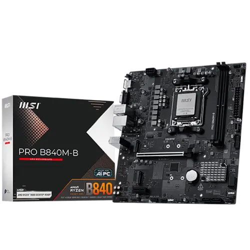 MSI PRO B840M-B, mATX, Socket AM5, 2x DDR5 Dual Channel DDR5 up to 8000(OC)MHz, 1x PCIe x16 slot, 2x M.2 slot, 2x USB 2.0, 4x USB 5Gbps, HDMI, VGA, 7.1 HD Audio, 2.5G LAN, 3Y