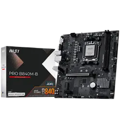 MSI PRO B840M-B, mATX, Socket AM5, 2x DDR5 Dual Channel DDR5 up to 8000(OC)MHz, 1x PCIe x16 slot, 2x M.2 slot, 2x USB 2.0, 4x USB 5Gbps, HDMI, VGA, 7.1 HD Audio, 2.5G LAN, 3Y