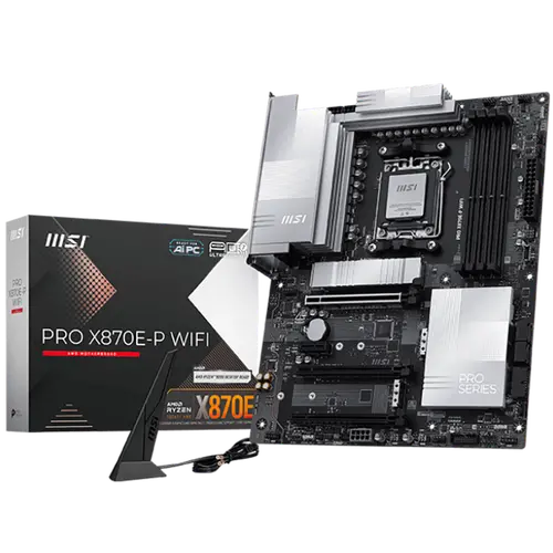 MSI PRO X870E-P WIFI, ATX, Socket AM5, 4x DDR5 Dual Channel DDR5 up to 8200(OC)MHz, 3x PCIe x16 slot, 3x M.2 slot, 4x USB 2.0, 2x USB 5Gbps, 2x USB 10Gbps, 1x 20Gbps Type-C, 1x 40Gbps Type-C, HDMI, 7.1 HD Audio, 5G LAN, WiFI 7, BT, 3Y