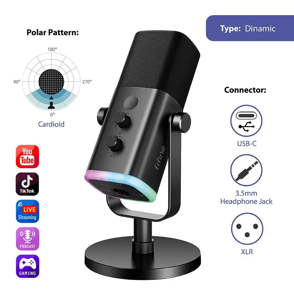 Настолен микрофон FIFINE AM8 Dynamic RGB XLR/USB- Black - image 1