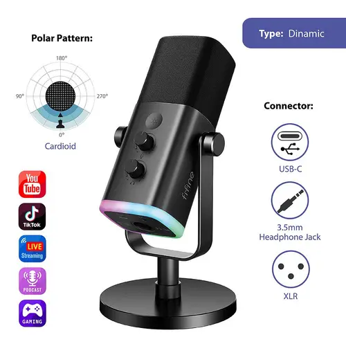 Настолен микрофон FIFINE AM8 Dynamic RGB XLR/USB- Black - image 1