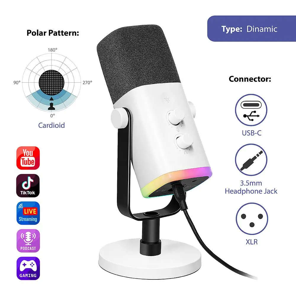 Настолен микрофон FIFINE AM8 Dynamic RGB XLR/USB - White - image 3