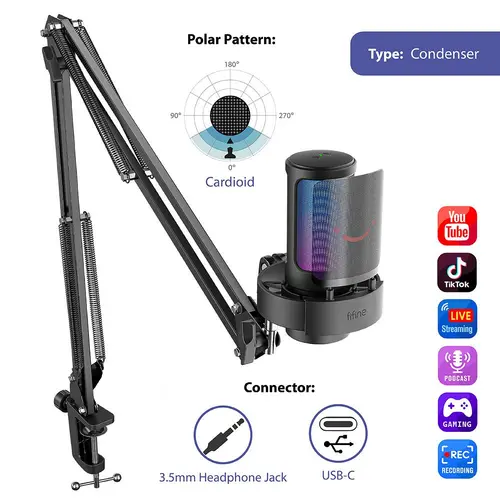 Микрофон със стойка FIFINE A8T RGB - Black - image 5