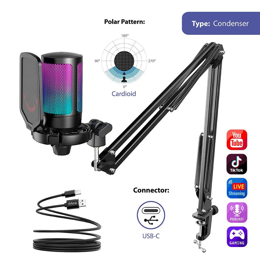 Microfon cu suport FIFINE A6T RGB - Negru - image 5