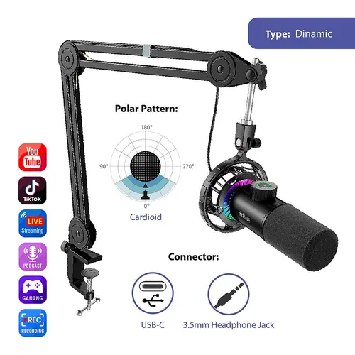 Микрофон със стойка FIFINE T658 Dynamic RGB - Black - image 3