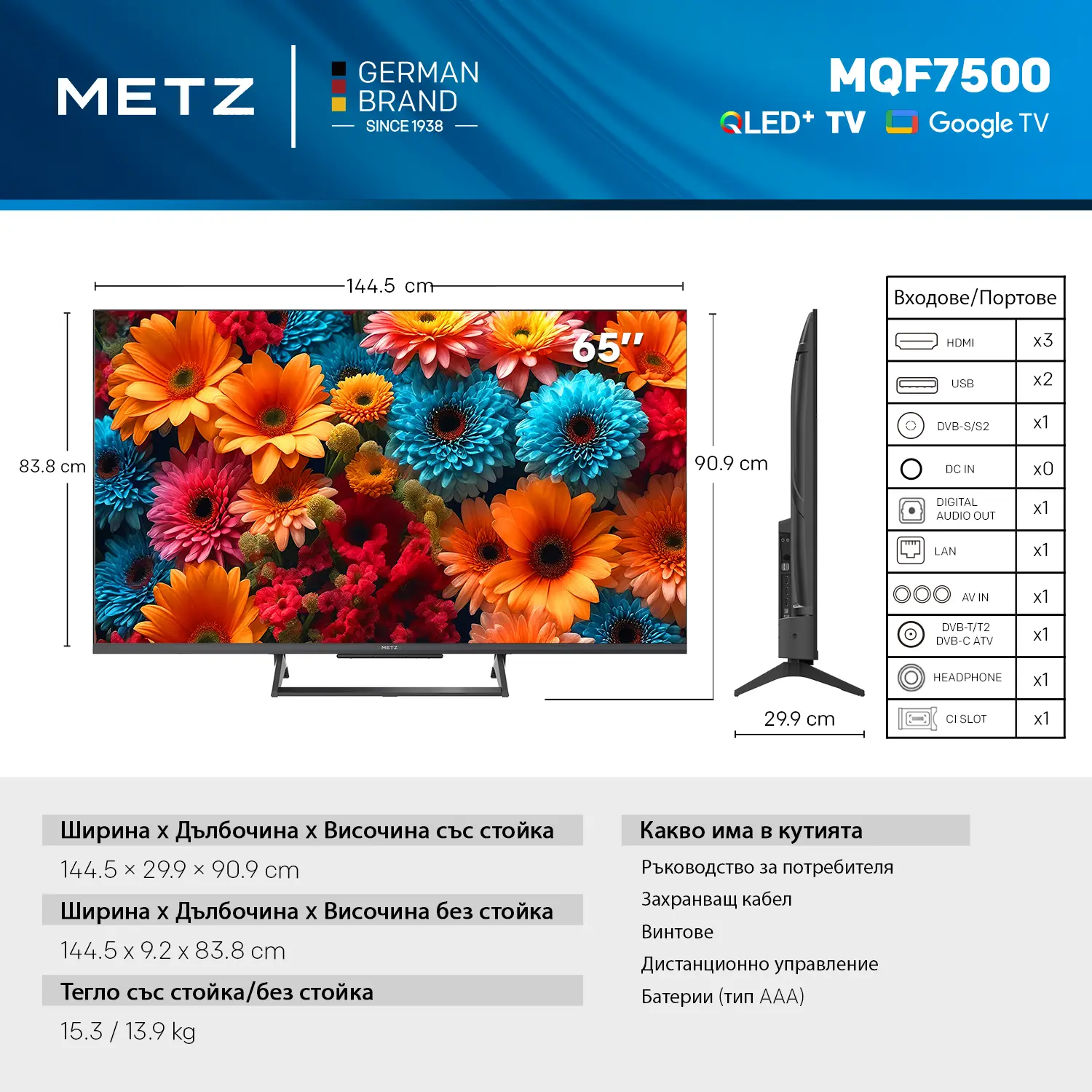 METZ Телевизор 65" 65MQF7500Z, QLED+, 4K, Google TV, 120Hz - image 2