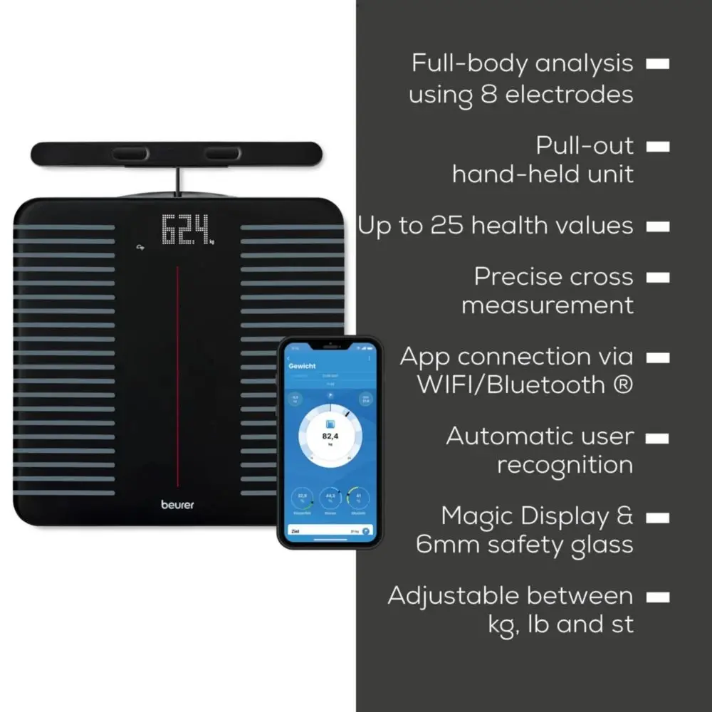Везна, Beurer BF 990 WIFI/Bluetooth 8-electrode diagnostic bathroom scale with extendable handpiece for full body analysis; 5 activity levels; 8 user memories; 180 kg - image 6