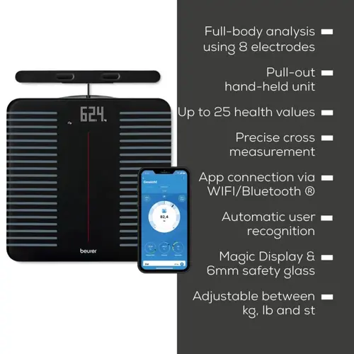 Везна, Beurer BF 990 WIFI/Bluetooth 8-electrode diagnostic bathroom scale with extendable handpiece for full body analysis; 5 activity levels; 8 user memories; 180 kg - image 6
