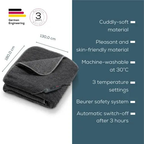 Термоподложка, Beurer HD 65 Dark Grey Heated Overblanket; Soft and cuddly surface; 3 temperature;auto switch-off 3 hours; removable switch; washable at 30°, Oko-Tex 100; 180(L)x130(W)cm - image 5