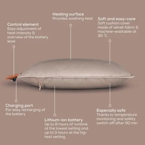 Термоподложка, Beurer HK 77 Heaty smokey-taupe;lithium-ion battery; Soft velvet cushion cover machine-washable at 30°C; 3 temperature settings; Fast heating; BSS; 45(L)x45(W) cm - image 6