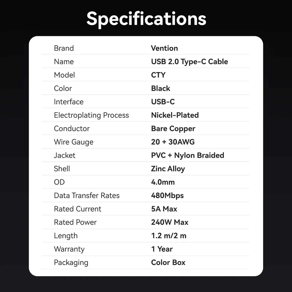 Vention кабел Cable - USB2.0 Type-C to Type-C - 5A Fast Charging, 240W, PD3.1, 1.2m - CTYBAV - image 11