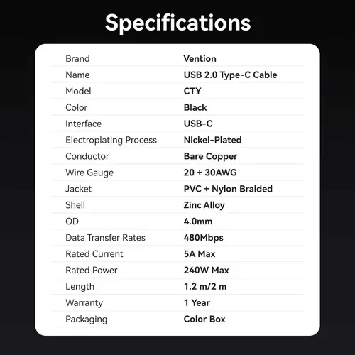 Vention cablu USB2.0 Type-C la Type-C - 5A Fast Charging, 240W, PD3.1, 1.2m - CTYBAV - 12