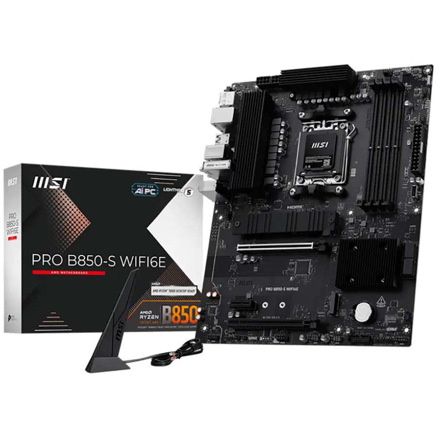 MSI PRO B850-S WIFI6E, ATX, Socket AM5, 4x DDR5 Dual Channel up to 8200(OC)MHz, 2x PCIe x16 slot, 2x M.2 slot, 4x USB 5Gbps, 3x USB 10Gbps, 1x USB 10Gbps Type-C, HDMI, DP, 7.1 HD Audio, 2.5G LAN, WiFI 6E, BT, 3Y