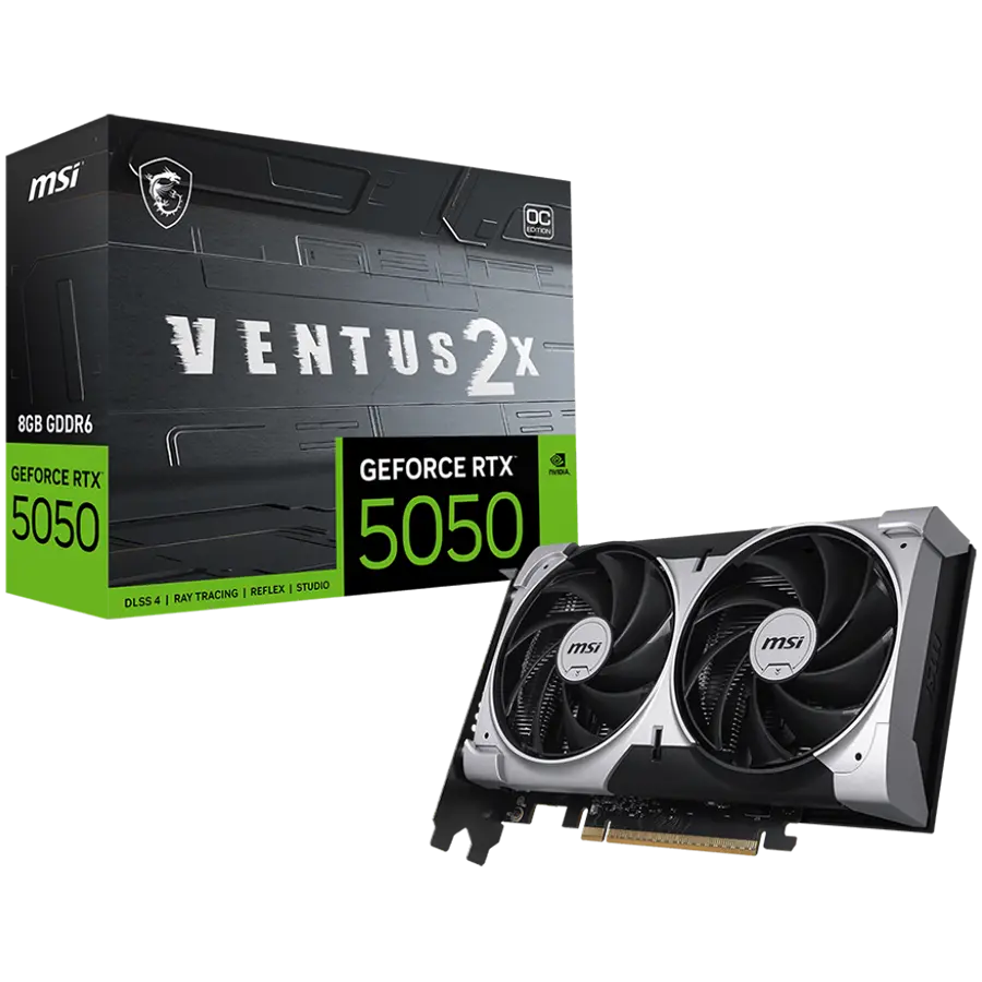 MSI Video Card NVIDIA GeForce RTX 5050 8G VENTUS 2X OC, 8GB GDDR6, 128-bit, 2602 MHz Boost, 2560 CUDA Cores, PCIe 5.0 (x8), 3x DP 2.1b, HDMI 2.1b, RAY TRACING, Dual Fan, 130W TDP, 8-pin PCIe Power, G-SYNC, 2-Slot, 3Y