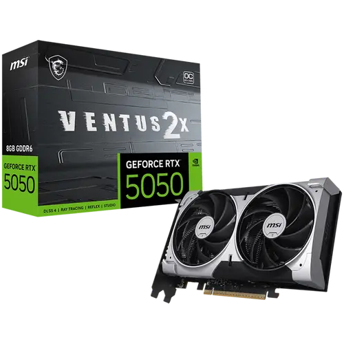 MSI Video Card NVIDIA GeForce RTX 5050 8G VENTUS 2X OC, 8GB GDDR6, 128-bit, 2602 MHz Boost, 2560 CUDA Cores, PCIe 5.0 (x8), 3x DP 2.1b, HDMI 2.1b, RAY TRACING, Dual Fan, 130W TDP, 8-pin PCIe Power, G-SYNC, 2-Slot, 3Y