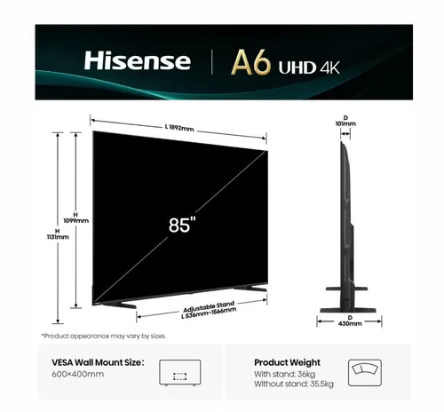Телевизор, Hisense 85" A6Q, 4K Ultra HD 3840x2160, DLED, DFA, Precision Colour, HDR 10+, HLG, Dolby Vision, DTS Virtual X, Smart TV, WiFi, Light Sensor, Gaming Mode, 1xHDMI2 eArc, 3xHDMI, 2xUSB, LAN, CI+, DVB-T2/C/S2, Black - image 1