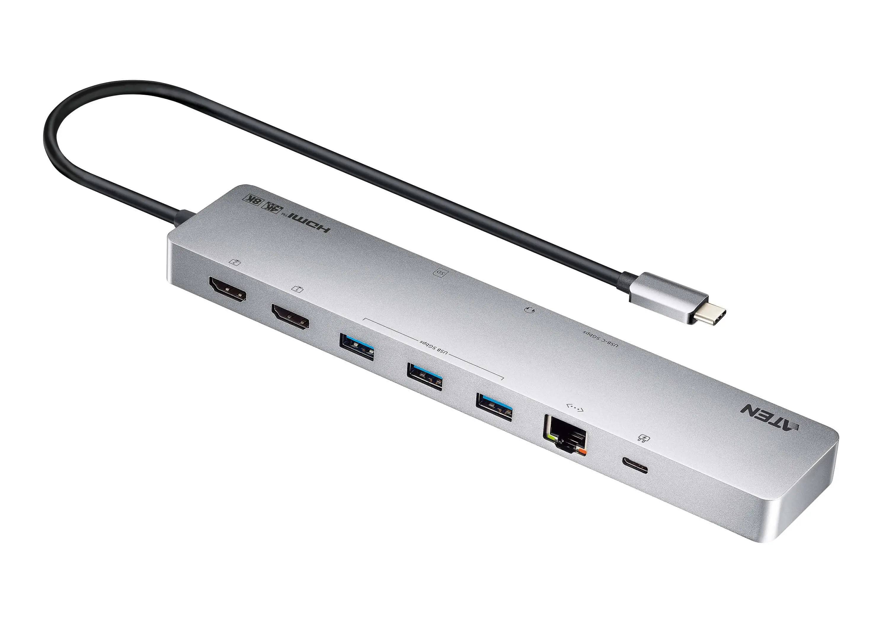 ATEN Stație de andocare 11-in-1 USB-C Multiport Dock + Power Pass-Through, 2 x HDMI, LAN, 3.5mm, USB-C, SD Card, microSD, 3 x USB 3.2