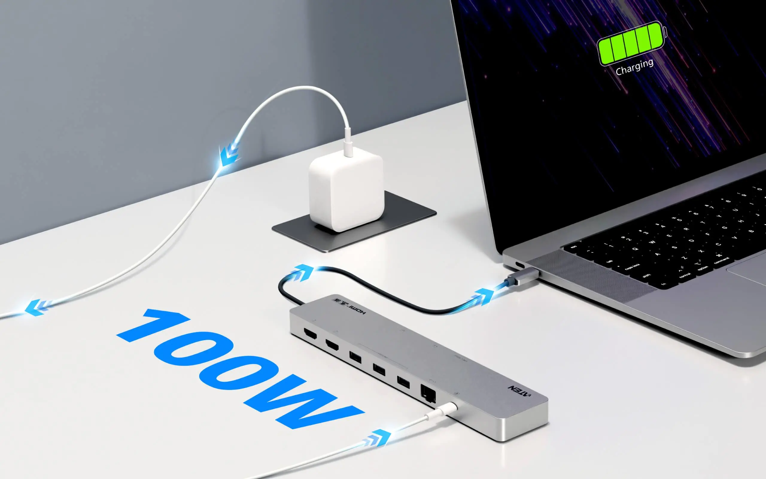 ATEN Докинг 11-in-1 USB-C Multiport Dock + Power Pass-Through, 2 x HDMI, LAN,3.5mm, USB-C, SD Card , microSD, 3 x USB 3.2 - image 6