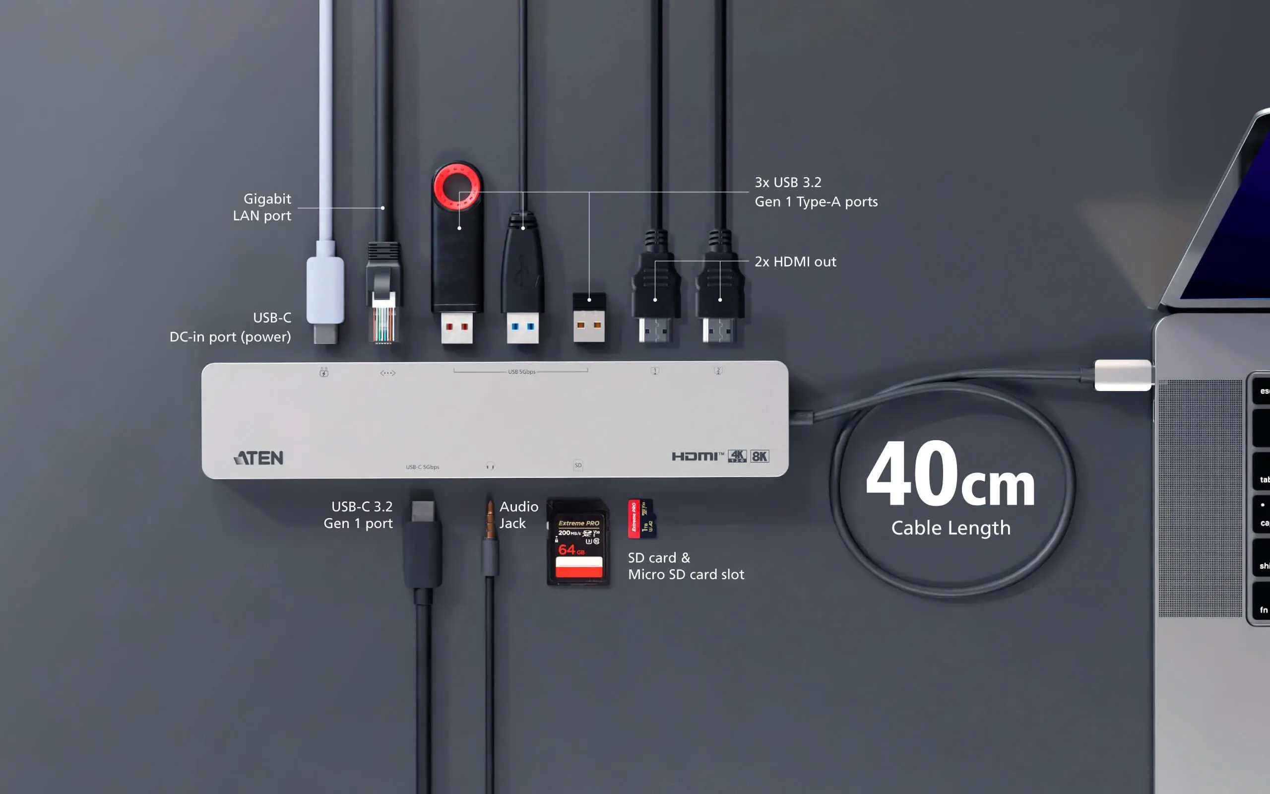 ATEN Докинг 11-in-1 USB-C Multiport Dock + Power Pass-Through, 2 x HDMI, LAN,3.5mm, USB-C, SD Card , microSD, 3 x USB 3.2 - image 7