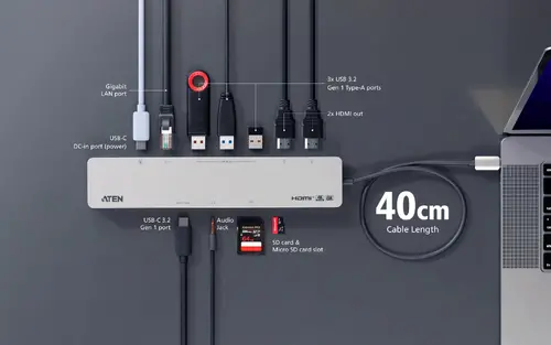 ATEN Докинг 11-in-1 USB-C Multiport Dock + Power Pass-Through, 2 x HDMI, LAN,3.5mm, USB-C, SD Card , microSD, 3 x USB 3.2 - image 7