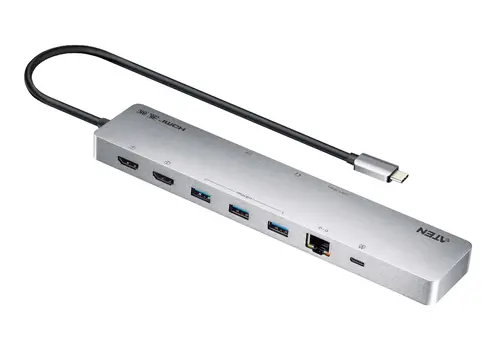 ATEN Докинг 11-in-1 USB-C Multiport Dock + Power Pass-Through, 2 x HDMI, LAN,3.5mm, USB-C, SD Card , microSD, 3 x USB 3.2