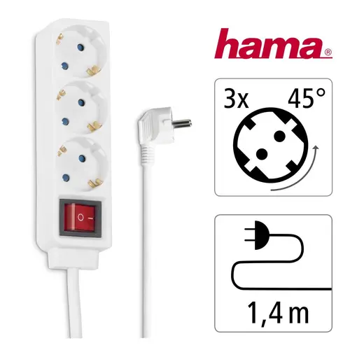 HAMA Разклонител 3 гнезда, 1.4м, бял с бутон за вкл/изкл. - image 3