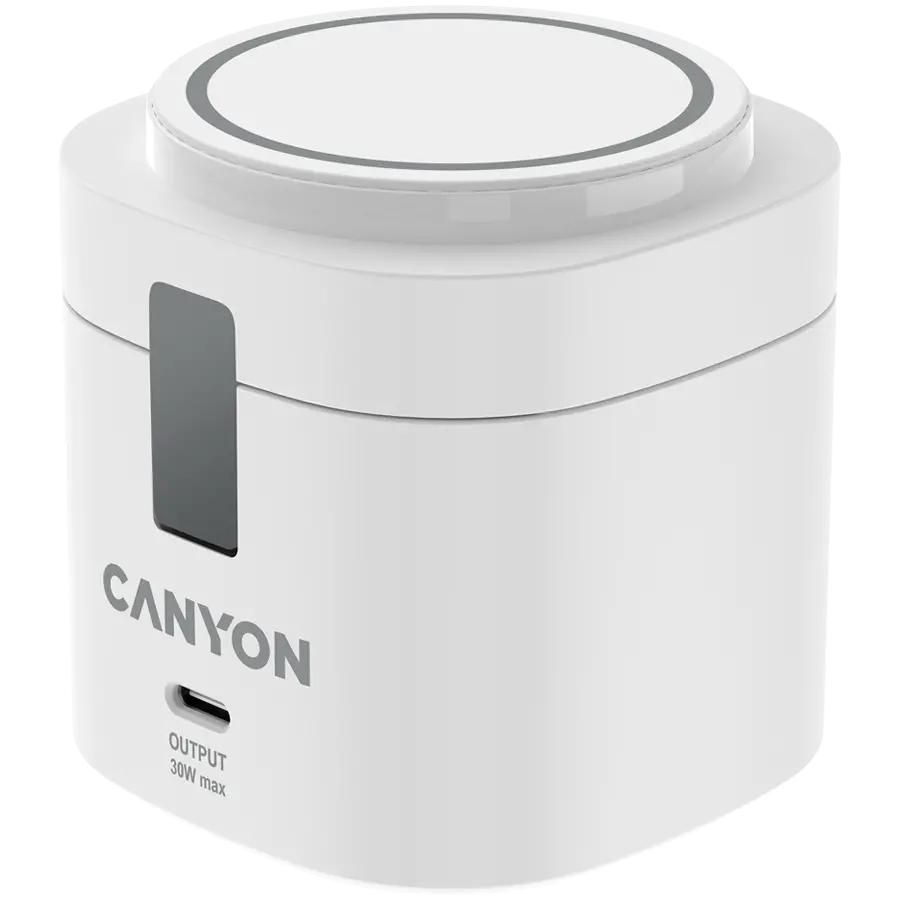 Canyon 4 σε 1 Βάση ασύρματης φόρτισης, 30W max, Διαστάσεις: 70x70x70.3mm, βάρος: 414g, με φορτιστή 65W και καλώδιο 1M, λευκό