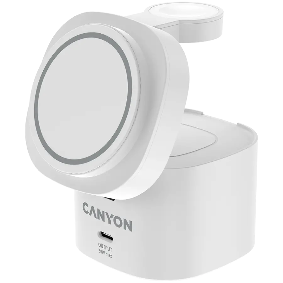 Canyon 4 in 1 Wireless Charging Stand, 30W max, Size: 70x70x70.3mm, weight: 414g, with 65W charger and 1M cable, white - image 1