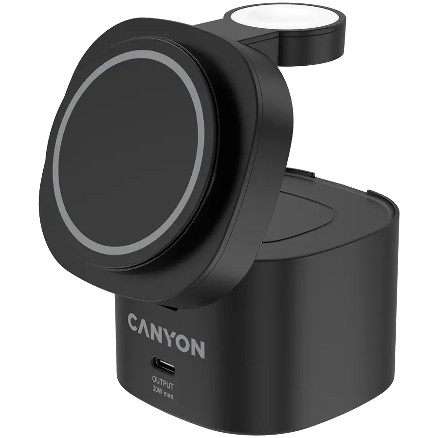 Canyon 4 in 1 Wireless Charging Stand, 30W max, Size: 70x70x70.3mm, weight: 414g, with 65W charger and 1M cable, black - image 1