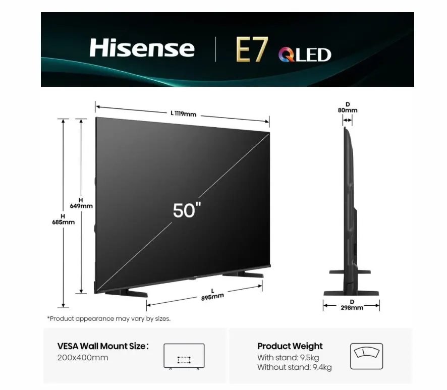 Телевизор, Hisense 50" E7Q, 4K Ultra HD 3840x2160, QLED, Quantum Dot, HDR 10+, HLG, Dolby Vision, DTS Virtual X, Smart TV, WiFi, Light Sensor, BT, Anyview Cast, 3xHDMI, 2xUSB, LAN, CI+, DVB-T2/C/S2, Black - image 1