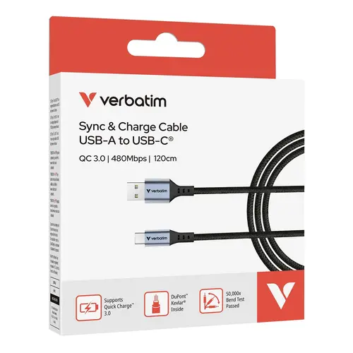Кабел, Verbatim Sync & Charge USB-A to USB-C 18W 120 cm - image 3
