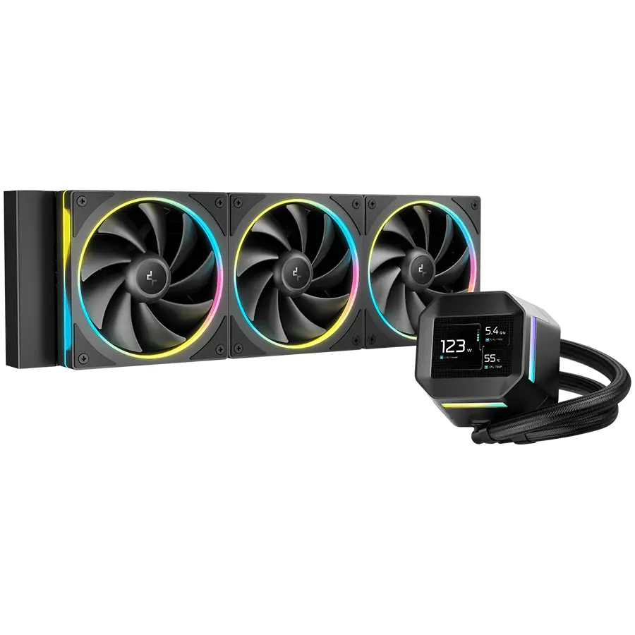 DeepCool LM360, 360mm CPU Liquid Cooler, 2.4" LCD screen, 3x120mm FL12 SE ARGB PWM Fans, Fluid Dynamic Bearing, Black, Intel LGA1851/1700/1200/1151/1150/1155, AMD AM5/AM4, R-LM360-BKDMMC-1, 3Y