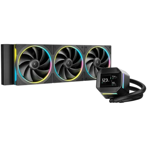 DeepCool LM360, 360mm CPU Liquid Cooler, 2.4" LCD screen, 3x120mm FL12 SE ARGB PWM Fans, Fluid Dynamic Bearing, Black, Intel LGA1851/1700/1200/1151/1150/1155, AMD AM5/AM4, R-LM360-BKDMMC-1, 3Y