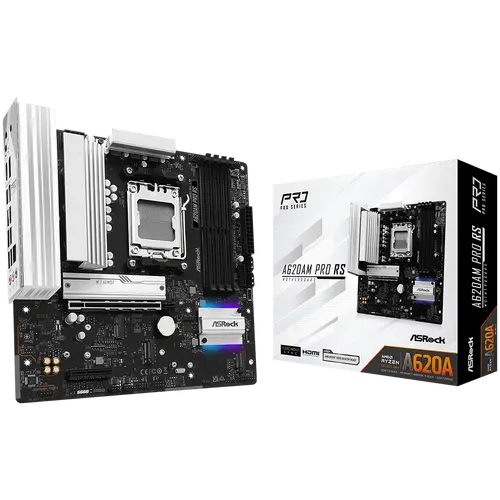 ASROCK MB Desktop A620AM Pro RS, AM5, 4x DDR5, 1x PCIe 4.0 x16, 1x PCIe 3.0 x16, 2x Hyper M.2(PCIe Gen4x4), 1x Ultra m.2, 2x SATA3 6.0 Gb/s, 1x HDMI, 1x DP, 1x Gbit LAN, 5x USB 3.0, 2x USB-C, 6x USB 2.0, Micro ATX